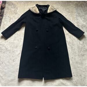 Vintage wool angora mink collar woman coat black gray DOBROYD retro overcoat S